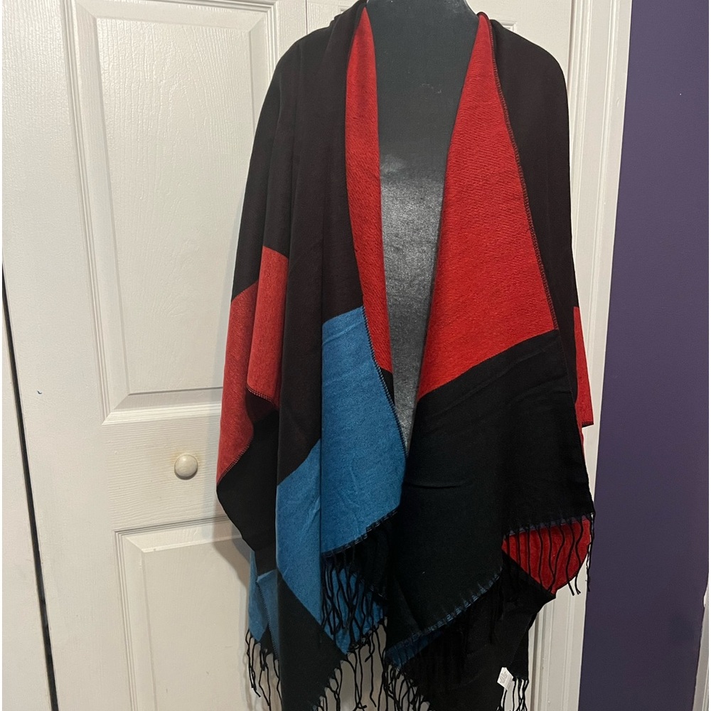 WOMEN’S WRAP SHAWL PONCHO KOLLIE MORE NWT RED BLACK BLUE COLOR BLOCK